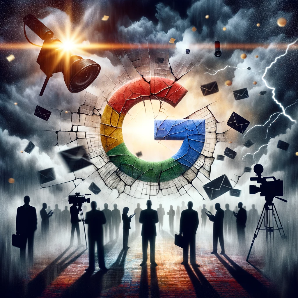 Illustration of a cracked Google logo set against a tumultuous stormy sky. AI generated.